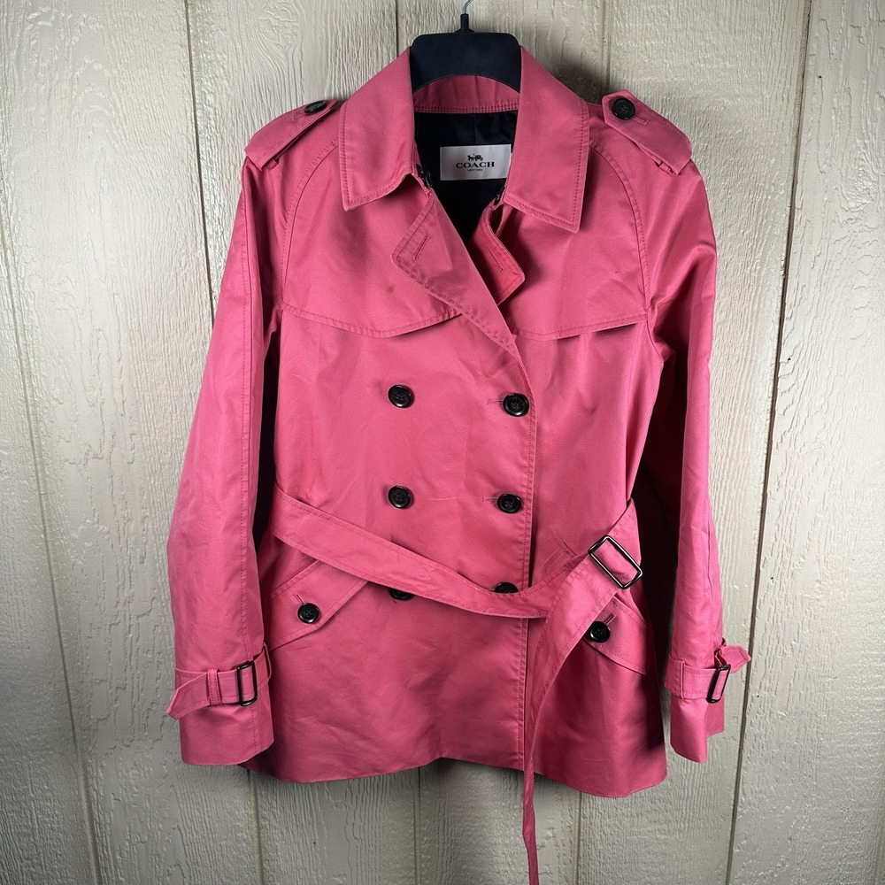 Coach Short Trench Coat Womens Medium Pink Double Breasted Belted Quiet Luxury